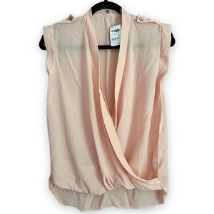 Women's Wrap Top Blouse Pink Chiffon Sheer Draped Open Front Shirt Medium M